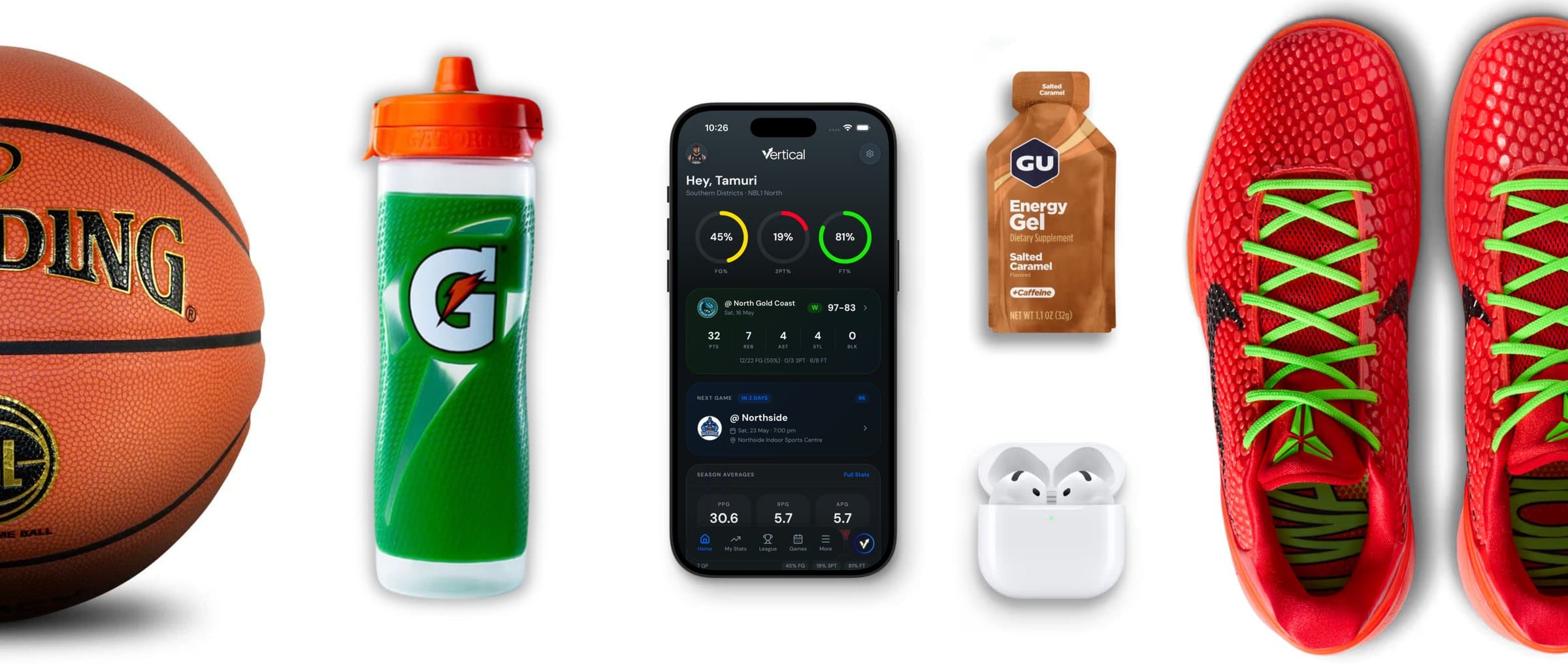 A basketball, drink bottle, energy gel, AirPods, basketball shoes and the Vertical app on an iPhone