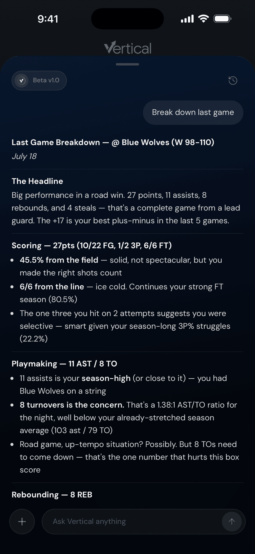 Vertical’s AI analyst breaking down a game: scoring splits, playmaking and rebounding, each with the numbers behind it