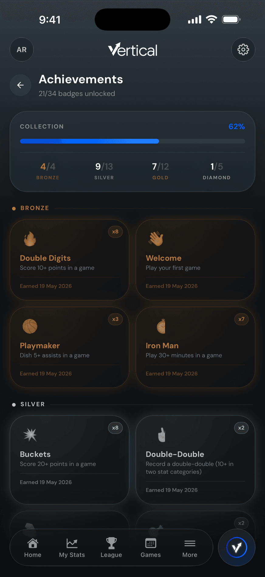 An achievements screen showing badges unlocked across bronze, silver, gold and diamond tiers