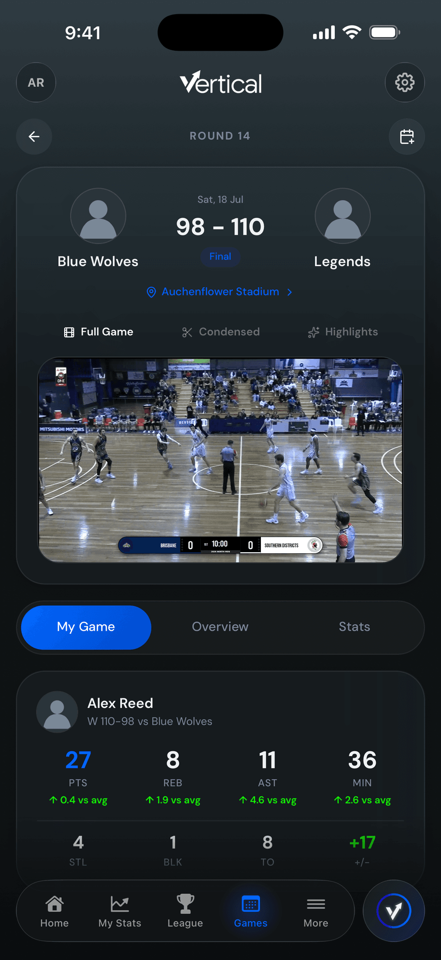 Game film playing in the app with Full Game, Condensed and Highlights tabs above the player's stat line