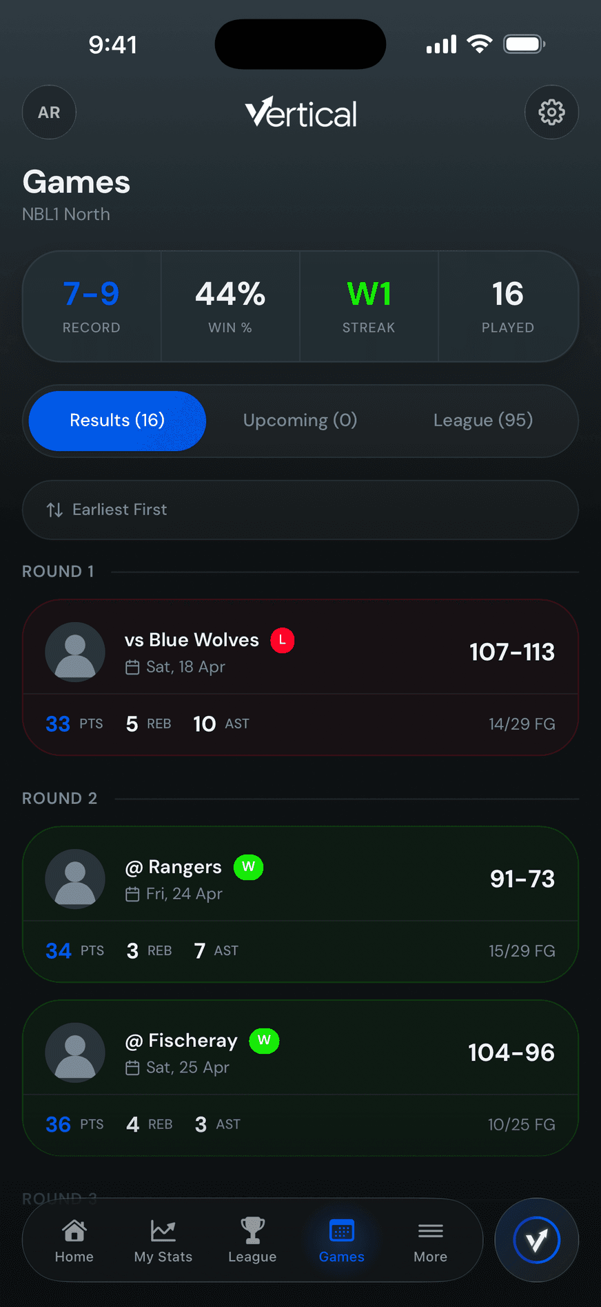 The games list with season record and a stat line under every result
